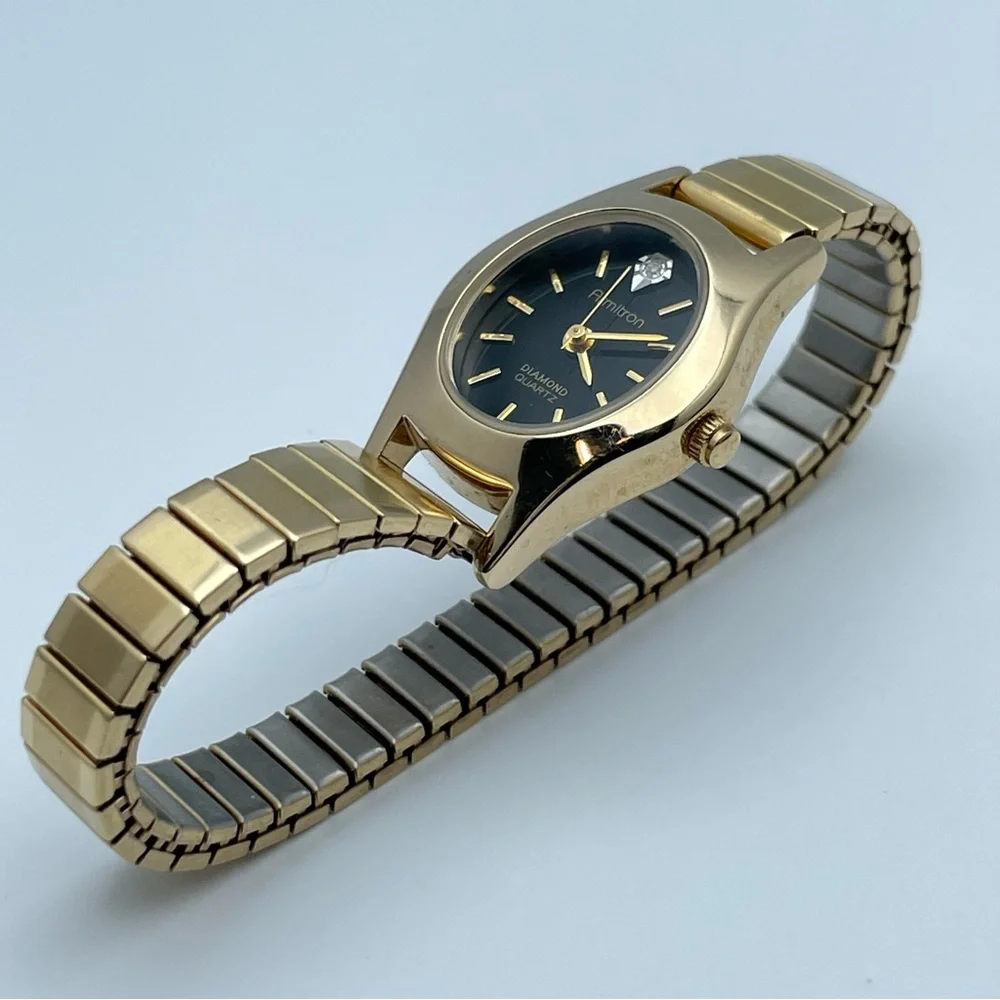 Armitron Diamond Quartz Gold Tone Stretch Watch Black Dial New Battery